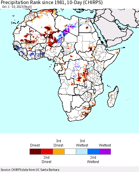 Africa Precipitation Rank since 1981, 10-Day (CHIRPS) Thematic Map For 10/1/2023 - 10/10/2023