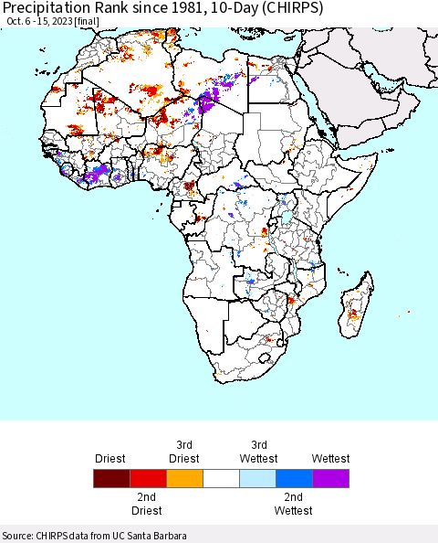 Africa Precipitation Rank since 1981, 10-Day (CHIRPS) Thematic Map For 10/6/2023 - 10/15/2023