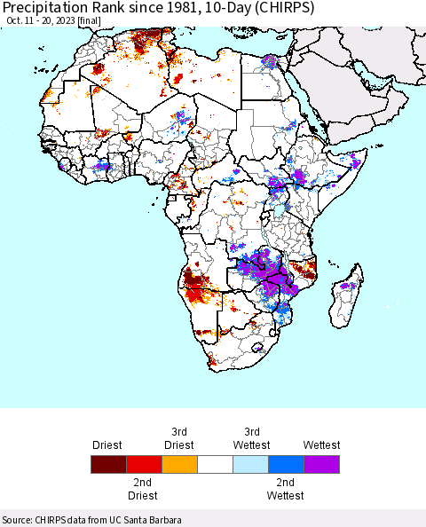 Africa Precipitation Rank since 1981, 10-Day (CHIRPS) Thematic Map For 10/11/2023 - 10/20/2023
