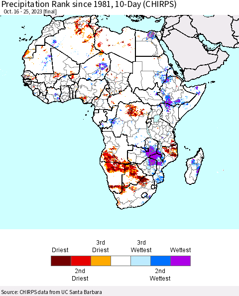 Africa Precipitation Rank since 1981, 10-Day (CHIRPS) Thematic Map For 10/16/2023 - 10/25/2023
