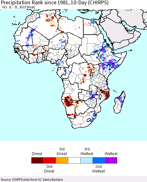 Africa Precipitation Rank since 1981, 10-Day (CHIRPS) Thematic Map For 10/21/2023 - 10/31/2023