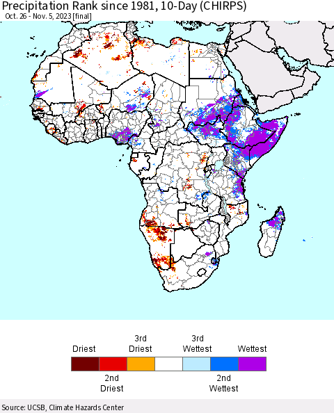 Africa Precipitation Rank since 1981, 10-Day (CHIRPS) Thematic Map For 10/26/2023 - 11/5/2023