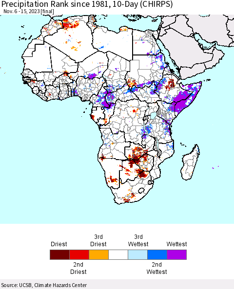 Africa Precipitation Rank since 1981, 10-Day (CHIRPS) Thematic Map For 11/6/2023 - 11/15/2023