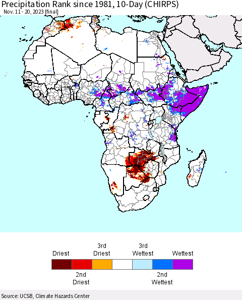 Africa Precipitation Rank since 1981, 10-Day (CHIRPS) Thematic Map For 11/11/2023 - 11/20/2023