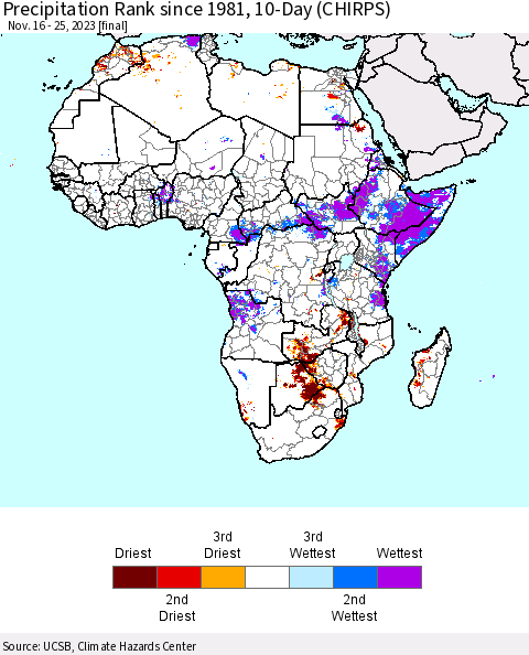 Africa Precipitation Rank since 1981, 10-Day (CHIRPS) Thematic Map For 11/16/2023 - 11/25/2023