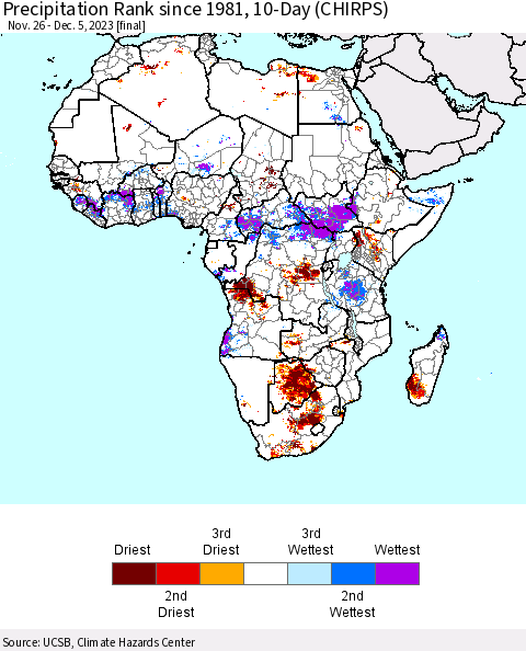 Africa Precipitation Rank since 1981, 10-Day (CHIRPS) Thematic Map For 11/26/2023 - 12/5/2023