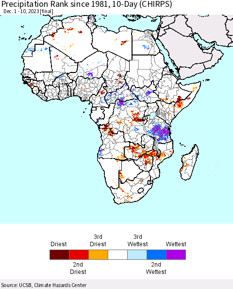 Africa Precipitation Rank since 1981, 10-Day (CHIRPS) Thematic Map For 12/1/2023 - 12/10/2023
