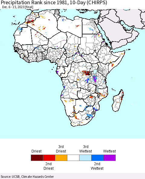 Africa Precipitation Rank since 1981, 10-Day (CHIRPS) Thematic Map For 12/6/2023 - 12/15/2023
