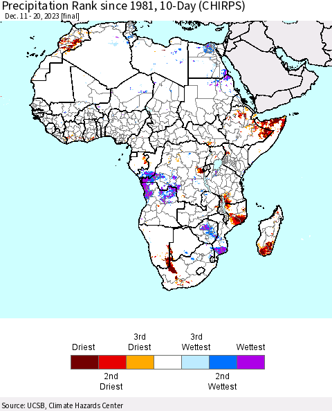 Africa Precipitation Rank since 1981, 10-Day (CHIRPS) Thematic Map For 12/11/2023 - 12/20/2023