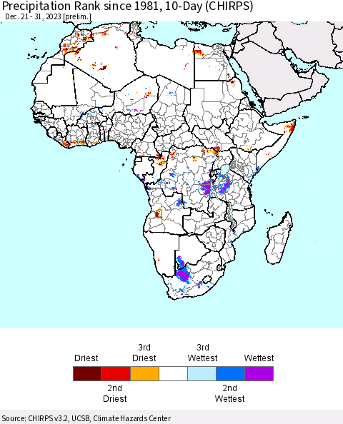 Africa Precipitation Rank since 1981, 10-Day (CHIRPS) Thematic Map For 12/21/2023 - 12/31/2023