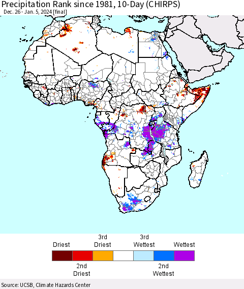 Africa Precipitation Rank since 1981, 10-Day (CHIRPS) Thematic Map For 12/26/2023 - 1/5/2024