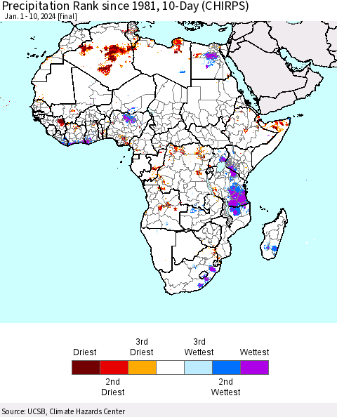 Africa Precipitation Rank since 1981, 10-Day (CHIRPS) Thematic Map For 1/1/2024 - 1/10/2024
