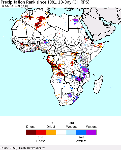 Africa Precipitation Rank since 1981, 10-Day (CHIRPS) Thematic Map For 1/6/2024 - 1/15/2024