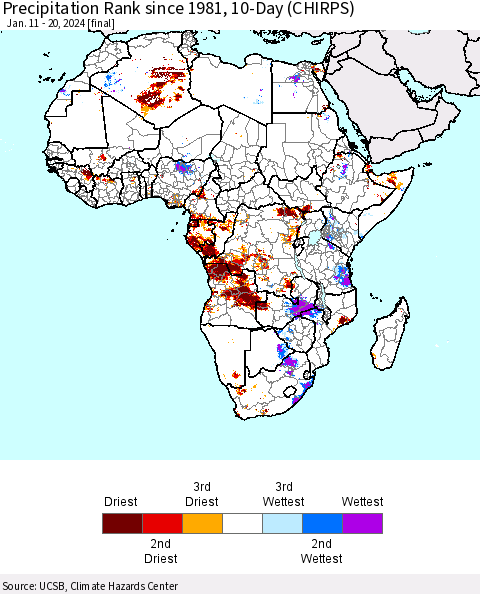Africa Precipitation Rank since 1981, 10-Day (CHIRPS) Thematic Map For 1/11/2024 - 1/20/2024