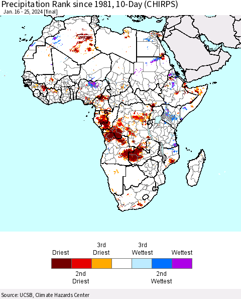 Africa Precipitation Rank since 1981, 10-Day (CHIRPS) Thematic Map For 1/16/2024 - 1/25/2024