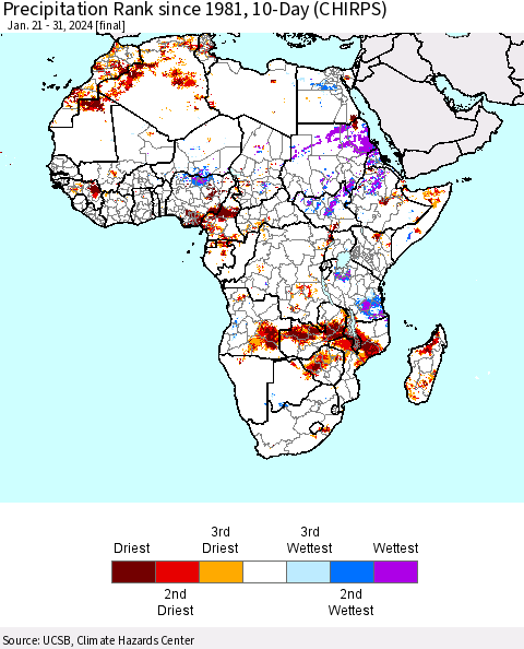 Africa Precipitation Rank since 1981, 10-Day (CHIRPS) Thematic Map For 1/21/2024 - 1/31/2024
