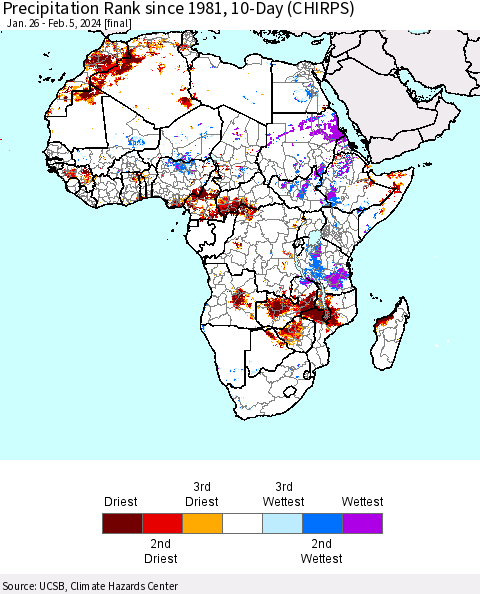 Africa Precipitation Rank since 1981, 10-Day (CHIRPS) Thematic Map For 1/26/2024 - 2/5/2024