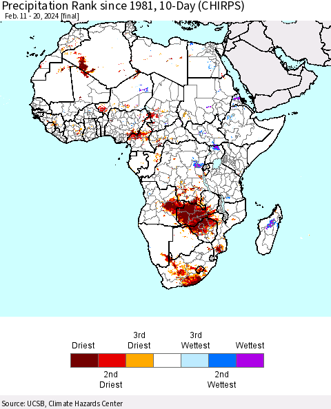 Africa Precipitation Rank since 1981, 10-Day (CHIRPS) Thematic Map For 2/11/2024 - 2/20/2024