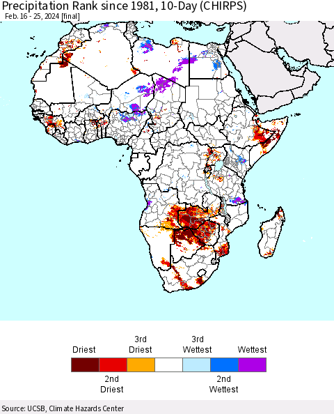 Africa Precipitation Rank since 1981, 10-Day (CHIRPS) Thematic Map For 2/16/2024 - 2/25/2024