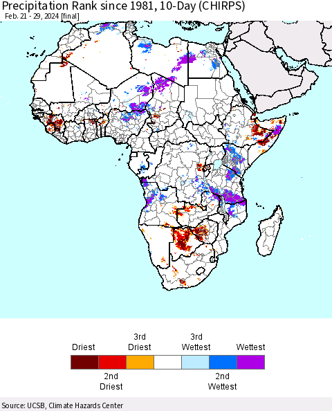 Africa Precipitation Rank since 1981, 10-Day (CHIRPS) Thematic Map For 2/21/2024 - 2/29/2024