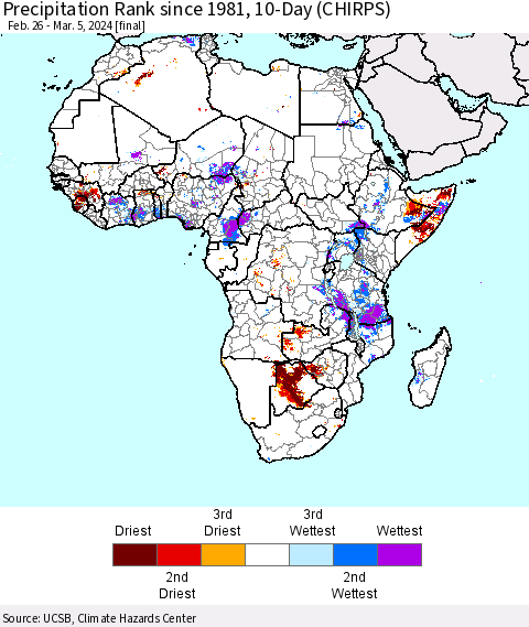 Africa Precipitation Rank since 1981, 10-Day (CHIRPS) Thematic Map For 2/26/2024 - 3/5/2024