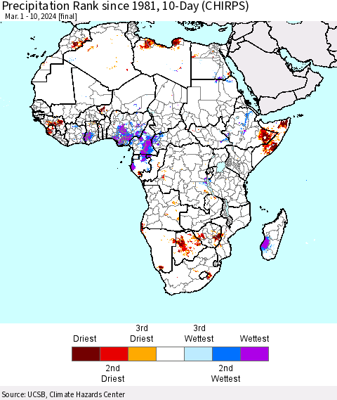 Africa Precipitation Rank since 1981, 10-Day (CHIRPS) Thematic Map For 3/1/2024 - 3/10/2024