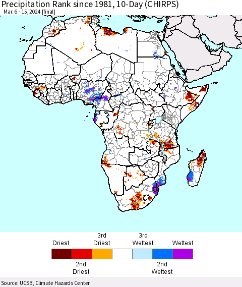 Africa Precipitation Rank since 1981, 10-Day (CHIRPS) Thematic Map For 3/6/2024 - 3/15/2024