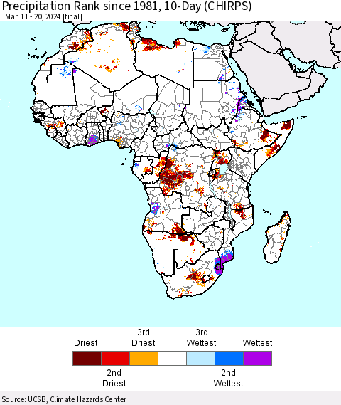 Africa Precipitation Rank since 1981, 10-Day (CHIRPS) Thematic Map For 3/11/2024 - 3/20/2024