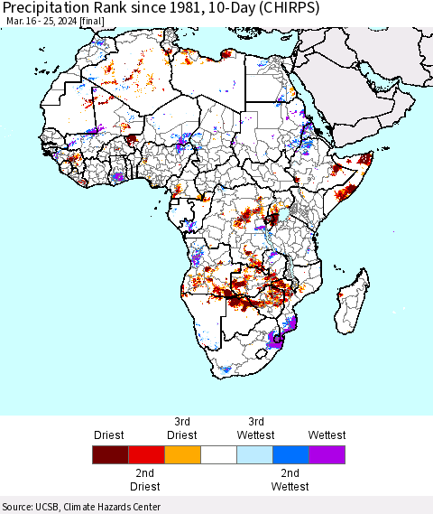 Africa Precipitation Rank since 1981, 10-Day (CHIRPS) Thematic Map For 3/16/2024 - 3/25/2024