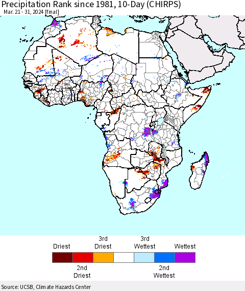 Africa Precipitation Rank since 1981, 10-Day (CHIRPS) Thematic Map For 3/21/2024 - 3/31/2024