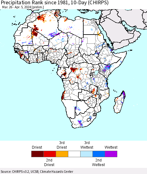 Africa Precipitation Rank since 1981, 10-Day (CHIRPS) Thematic Map For 3/26/2024 - 4/5/2024