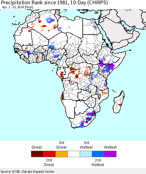 Africa Precipitation Rank since 1981, 10-Day (CHIRPS) Thematic Map For 4/1/2024 - 4/10/2024