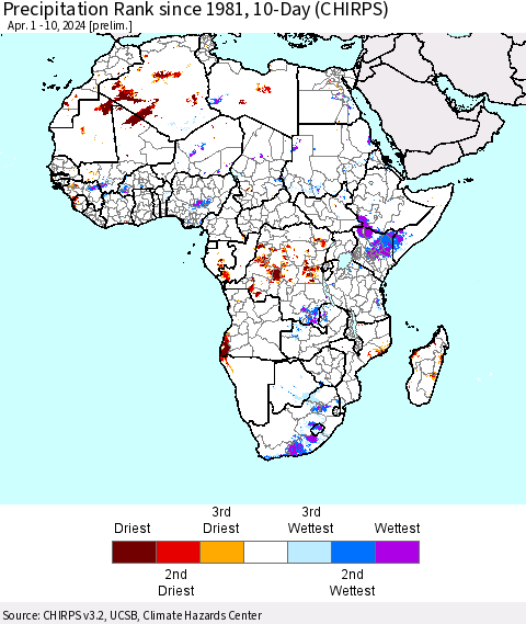 Africa Precipitation Rank since 1981, 10-Day (CHIRPS) Thematic Map For 4/1/2024 - 4/10/2024