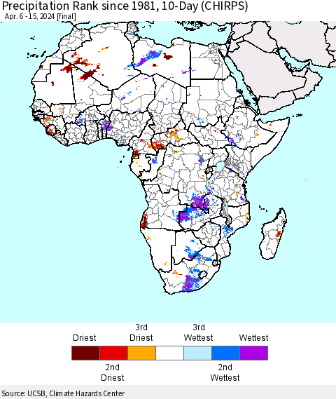 Africa Precipitation Rank since 1981, 10-Day (CHIRPS) Thematic Map For 4/6/2024 - 4/15/2024