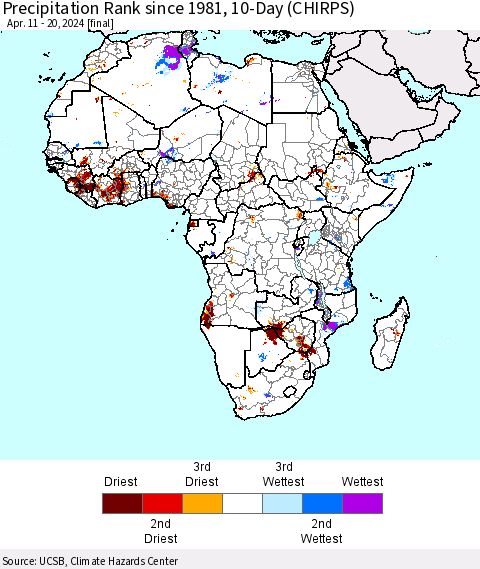 Africa Precipitation Rank since 1981, 10-Day (CHIRPS) Thematic Map For 4/11/2024 - 4/20/2024