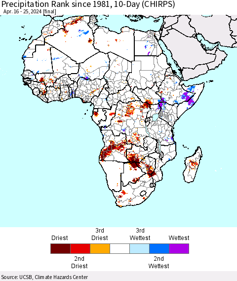 Africa Precipitation Rank since 1981, 10-Day (CHIRPS) Thematic Map For 4/16/2024 - 4/25/2024