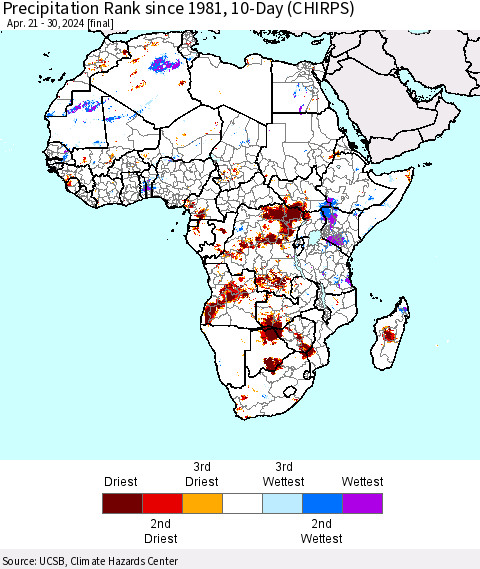 Africa Precipitation Rank since 1981, 10-Day (CHIRPS) Thematic Map For 4/21/2024 - 4/30/2024