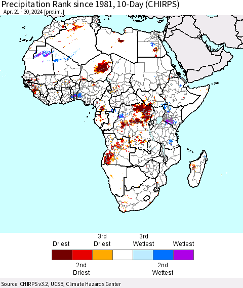 Africa Precipitation Rank since 1981, 10-Day (CHIRPS) Thematic Map For 4/21/2024 - 4/30/2024