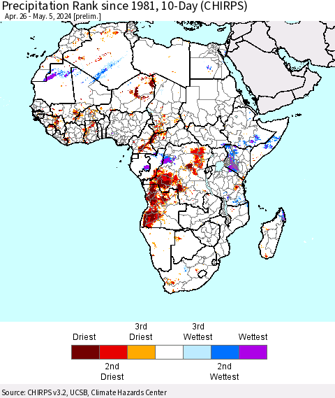Africa Precipitation Rank since 1981, 10-Day (CHIRPS) Thematic Map For 4/26/2024 - 5/5/2024
