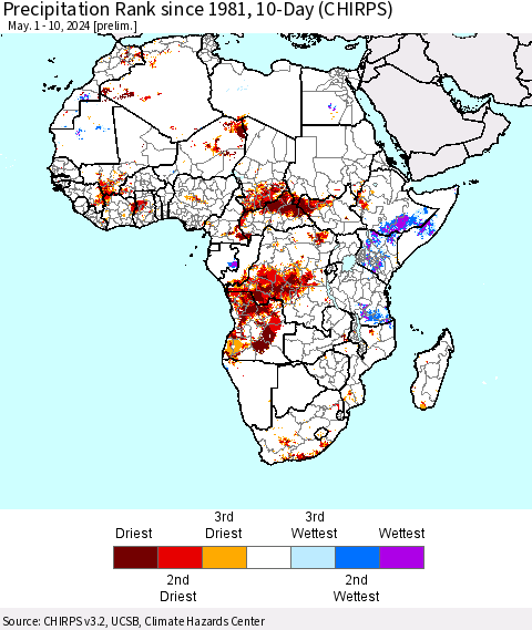 Africa Precipitation Rank since 1981, 10-Day (CHIRPS) Thematic Map For 5/1/2024 - 5/10/2024