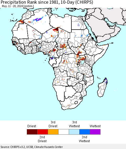 Africa Precipitation Rank since 1981, 10-Day (CHIRPS) Thematic Map For 5/11/2024 - 5/20/2024