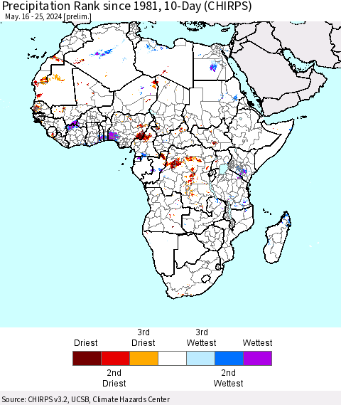 Africa Precipitation Rank since 1981, 10-Day (CHIRPS) Thematic Map For 5/16/2024 - 5/25/2024