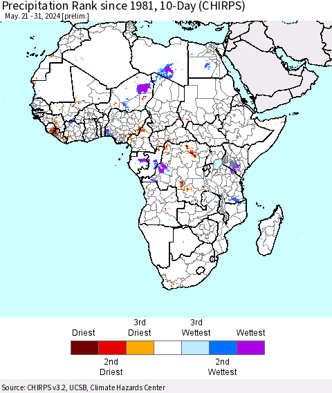 Africa Precipitation Rank since 1981, 10-Day (CHIRPS) Thematic Map For 5/21/2024 - 5/31/2024