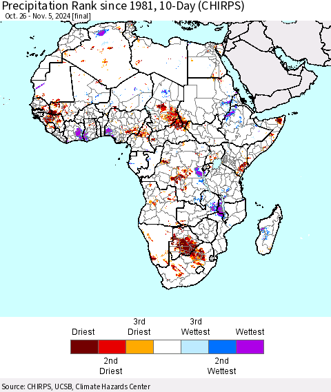 Africa Precipitation Rank since 1981, 10-Day (CHIRPS) Thematic Map For 10/26/2024 - 11/5/2024