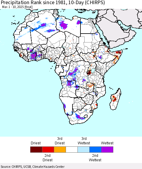 Africa Precipitation Rank since 1981, 10-Day (CHIRPS) Thematic Map For 3/1/2025 - 3/10/2025