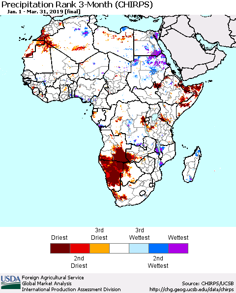 Africa Precipitation Rank since 1981, 3-Month (CHIRPS) Thematic Map For 1/1/2019 - 3/31/2019