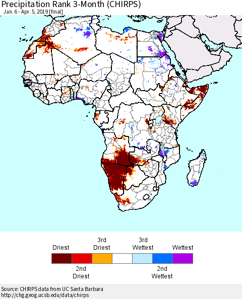 Africa Precipitation Rank since 1981, 3-Month (CHIRPS) Thematic Map For 1/6/2019 - 4/5/2019