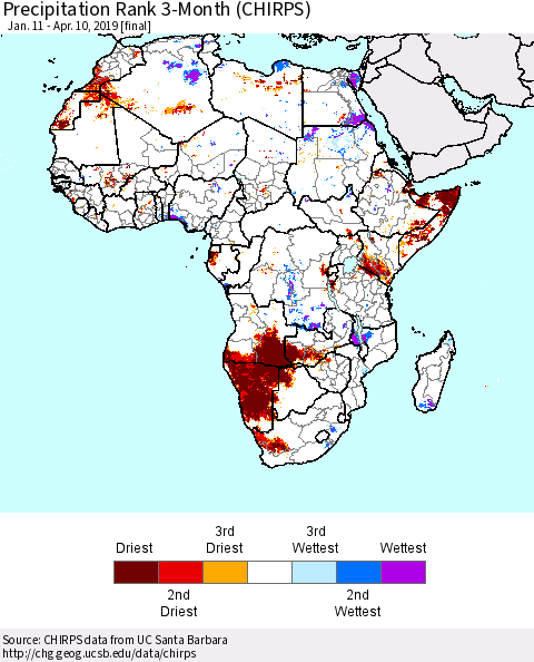 Africa Precipitation Rank since 1981, 3-Month (CHIRPS) Thematic Map For 1/11/2019 - 4/10/2019