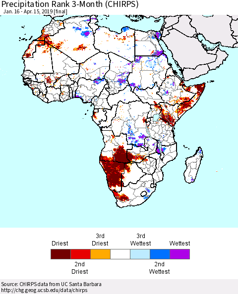 Africa Precipitation Rank since 1981, 3-Month (CHIRPS) Thematic Map For 1/16/2019 - 4/15/2019