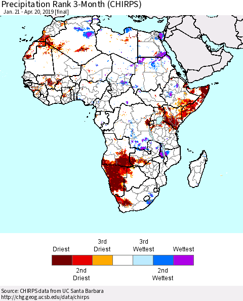 Africa Precipitation Rank since 1981, 3-Month (CHIRPS) Thematic Map For 1/21/2019 - 4/20/2019